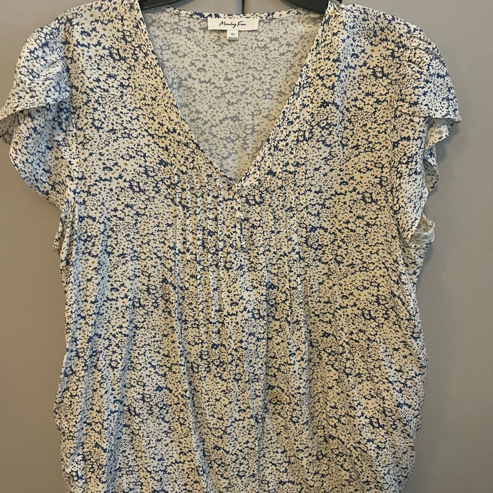 Monday Fun Cream and Blue Flutter Sleeve Blouse